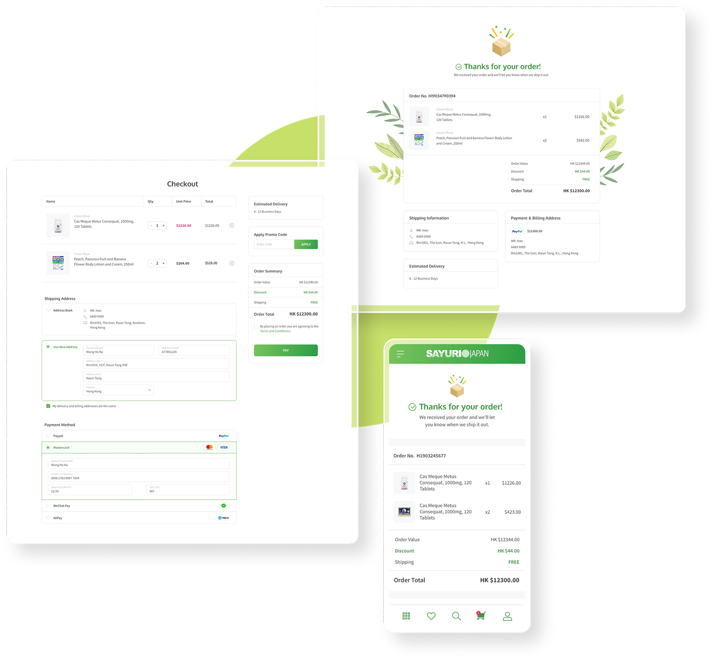 Checkout and confirmation, as three overlapping screens: a checkout page with an editable item table, shipping address form, payment methods and an order summary with a promo-code field; a desktop order confirmation headed “Thanks for your order!”; and the same confirmation on mobile.
