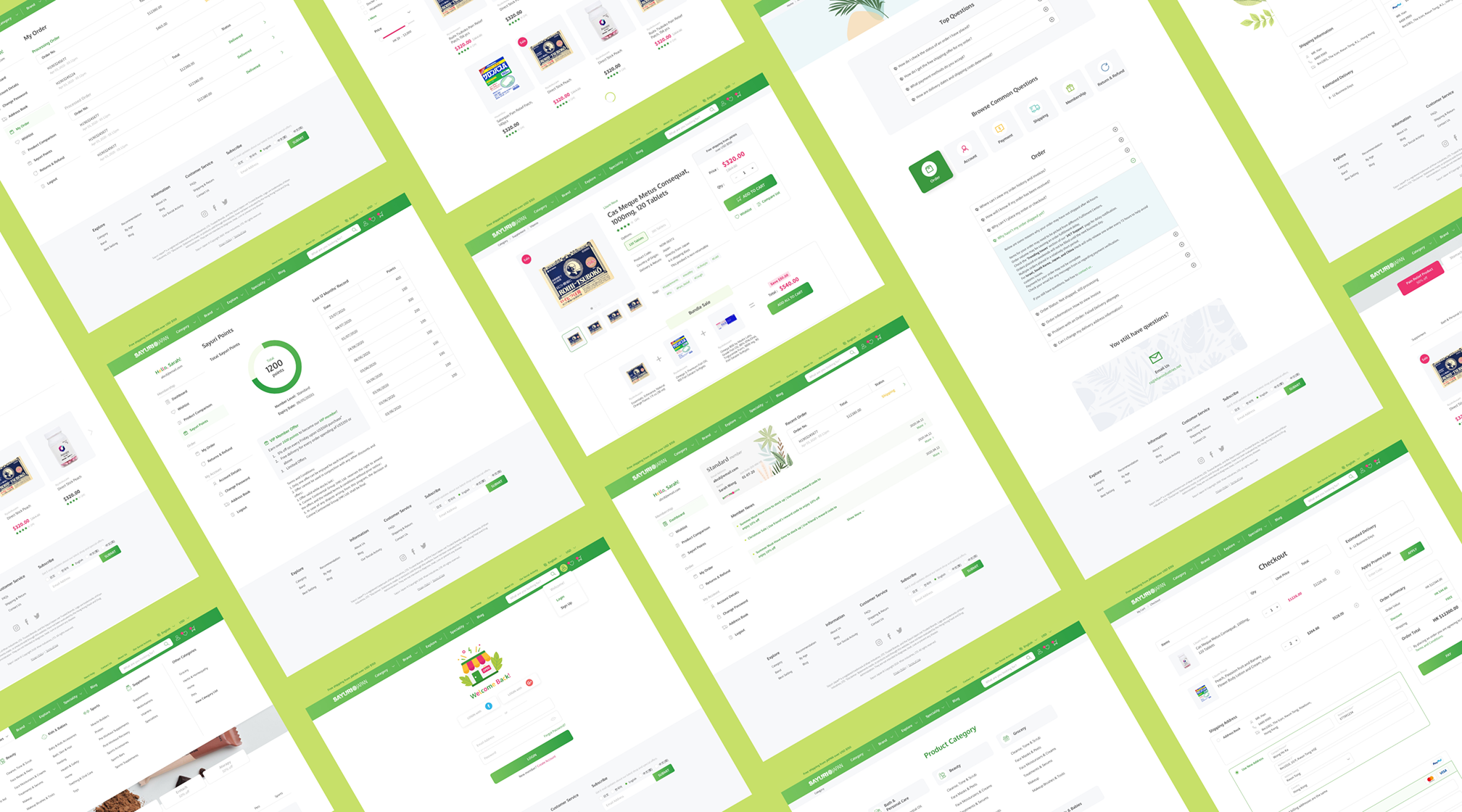Around twenty of the site's pages tiled at an angle across a green field — category listings, product pages, checkout, order history, reviews, comparison tables and a rewards dashboard — showing the scale of the storefront.