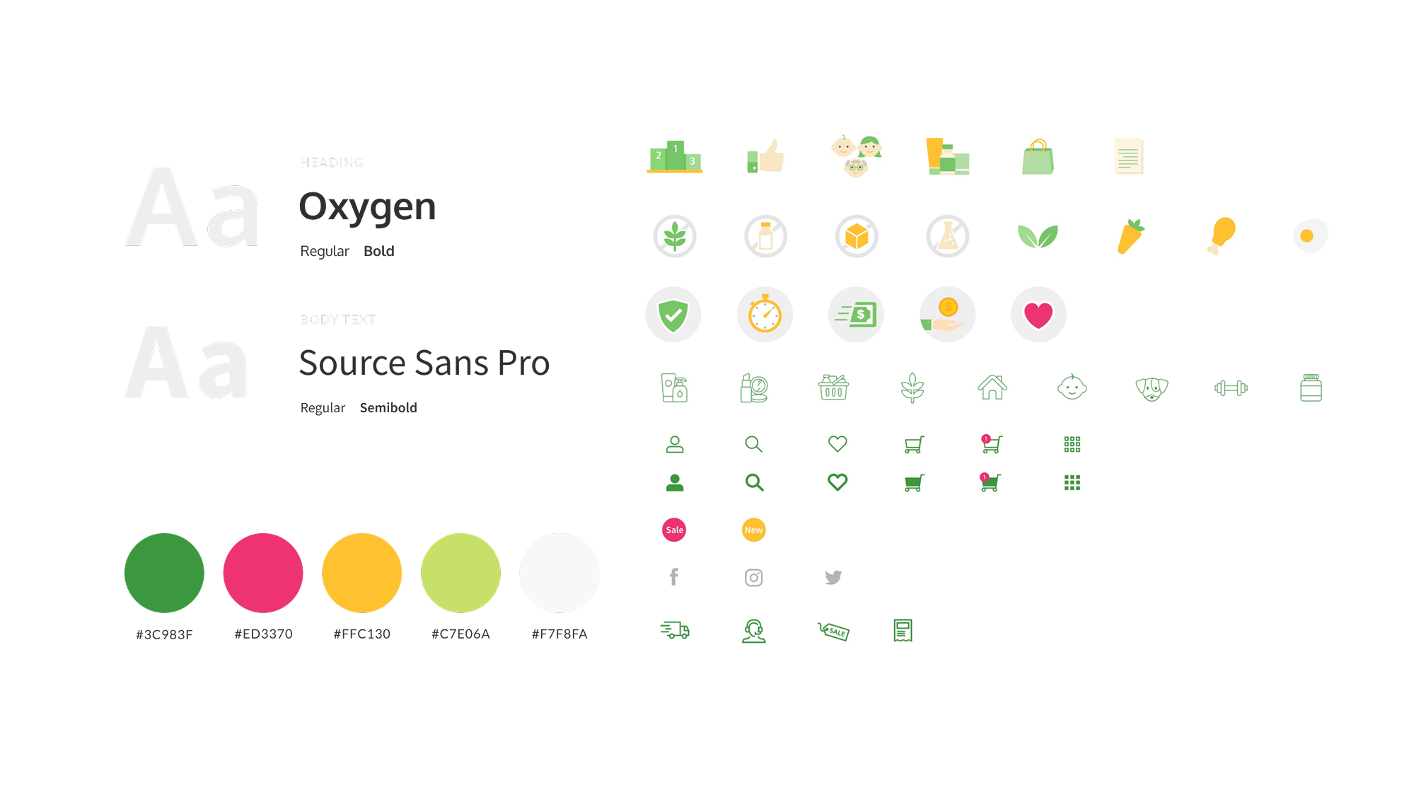 The UI kit: Oxygen for headings and Source Sans Pro for body text, each in two weights; a five-colour palette with hex values from deep green through pink, yellow and lime to off-white; and about forty line and filled icons for categories, delivery, payment and shop actions.