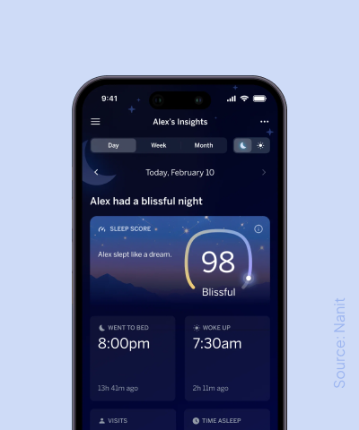 Nanit's sleep dashboard, showing a night rated “blissful” with a score of 98 and bedtime and wake times beneath it.