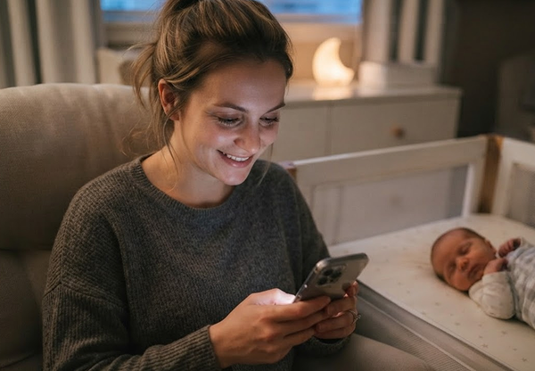 A parent sitting on a sofa, checking the app on her phone in the early morning.